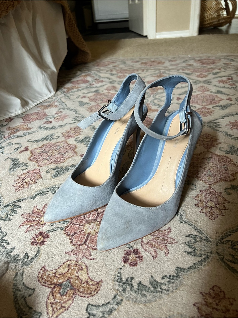 Gianni Bini Light Blue Suede Pointed-Toe Slingback Heels with Ankle Strap - Picture 2 of 7
